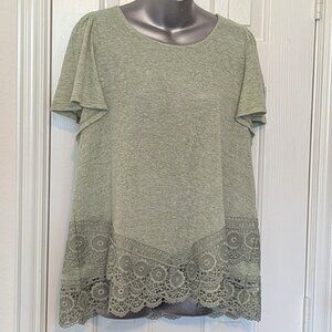 Cupio Sage Green Crochet Trim top, Women's 1X